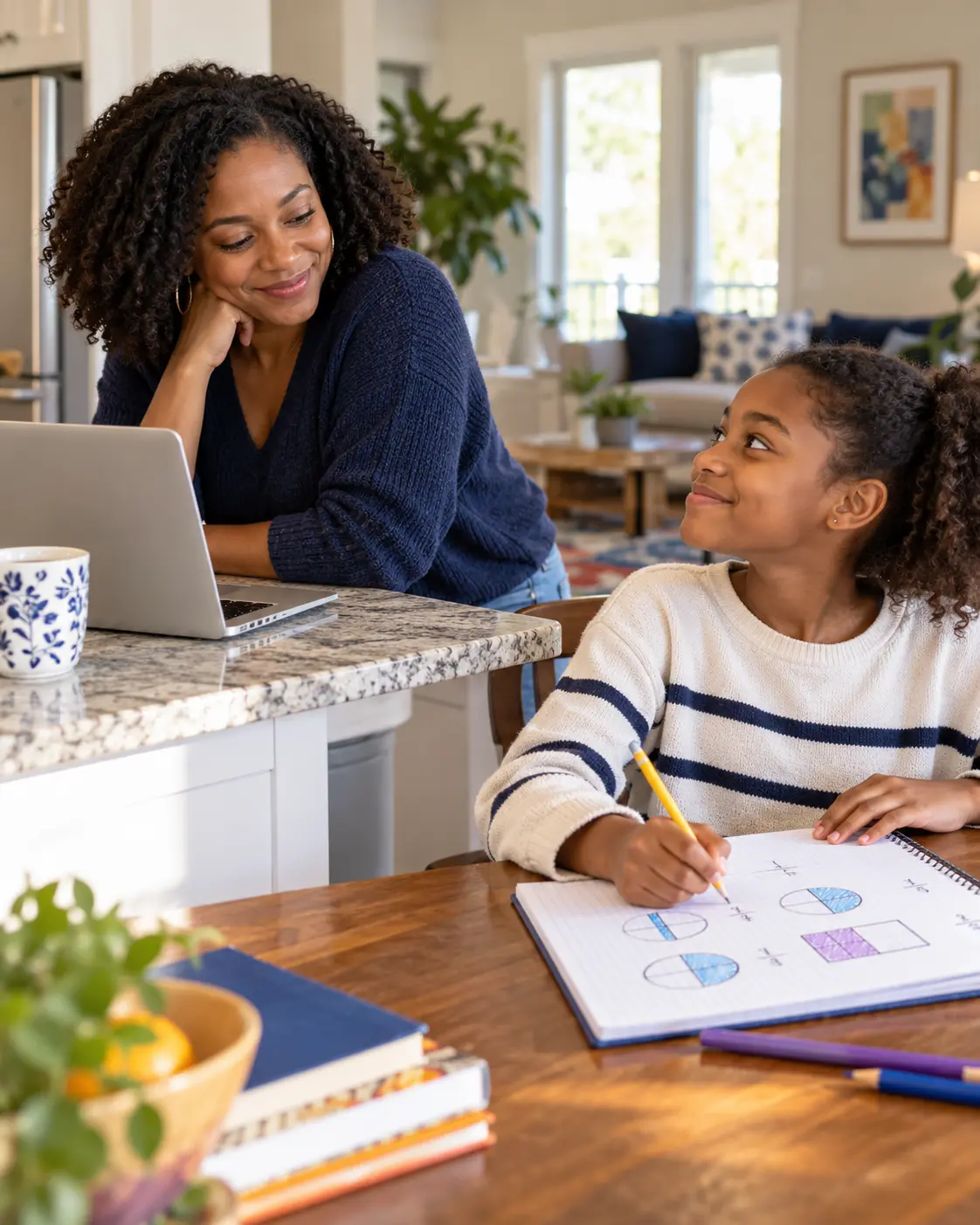Parent and child sharing a calm study moment at home