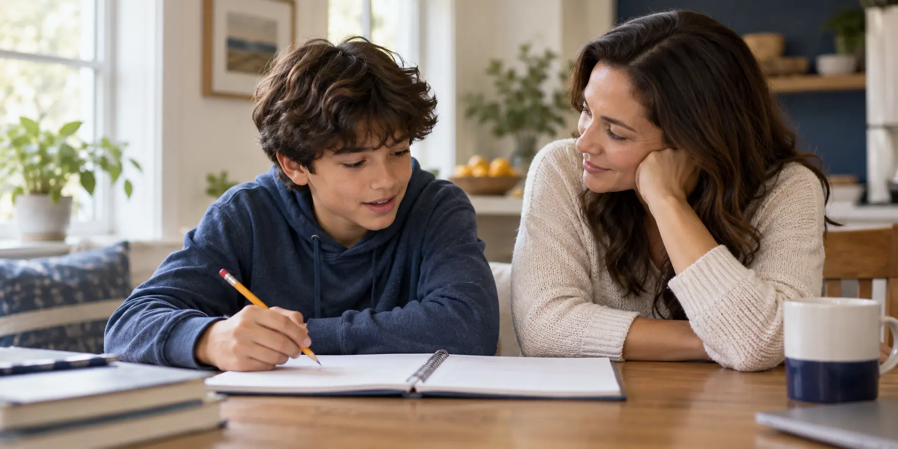 Parent listening to a child explain math at the kitchen table