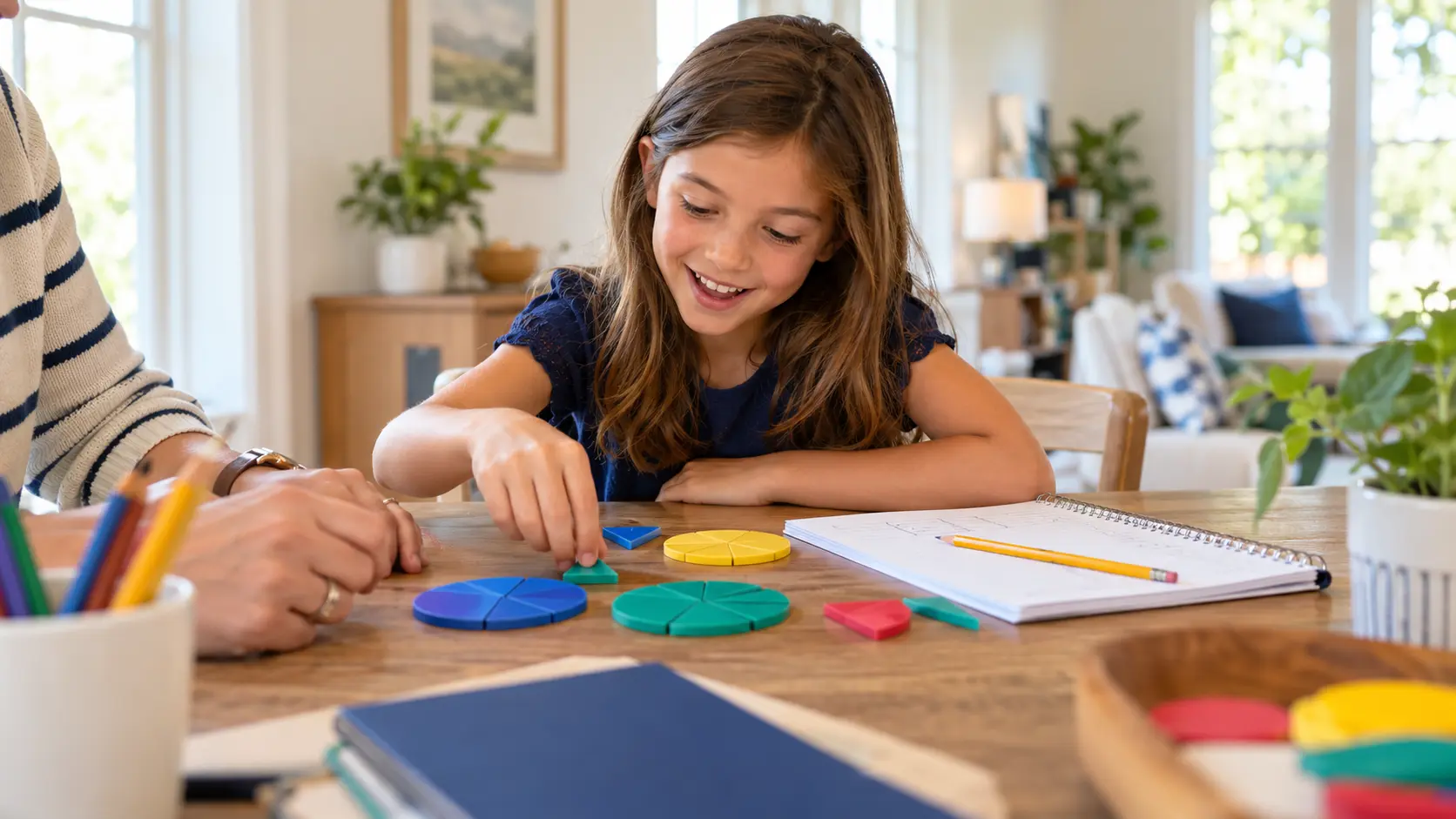 Elementary student exploring fractions with colorful tiles